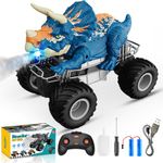 HappyGoLucky Dinosaur Remote Control Cars, 1:16 Scale Dinosaur Toys with Spray Roar LED Lights, for 3-8 Year Old Boys Toys, Stocking Fillers Kids Xmas for Kids Boys Gift Ideas, Triceratops-blue