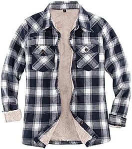 ThCreasa Womens Sherpa Lined Flannel Jacket with Hand Pockets, Plaid Button Down Fuzzy Shirt Jackets, Navy/White, Large