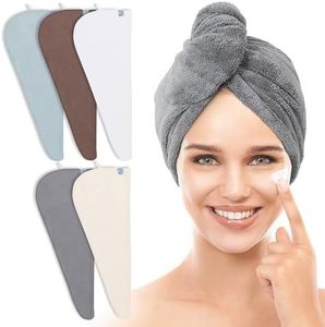 TENSTARS 5 Pack Thicken Microfiber Hair Towel Wrap for Women - Elastic Loop Design - 320GSM Coral Velvet - Quick Dry Hair Turban - 11x28 Inch (Cream+White+Brown+Light Teal+Grey)