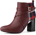 Allegra K Women's Plaid Pointed Toe Crisscross Strap Block Heels Burgundy Ankle Boots 9.5 M US