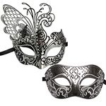 XVEVINA Couples Pair Mardi Gras Venetian Masquerade Masks Set Party Costume Accessory (Black Silver Couples)