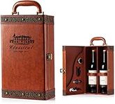 Wine Gift Box with 4 Wine Accessories Set,Portable Two Bottle Wine Carrier Case for Wedding, Anniversary, Party,Travel,Vintage Leather Wine Storage Box for Home Bar Decor and Wine Collection