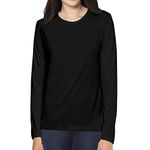 Pooplu Women's Regular Fit Premium Plain 100% Cotton Round Neck Full Sleeves, Casual Plain Pootlu Tees and Tshirts.(Oplu_Black_Large)