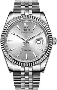 BUREI Men's Automatic Watch Elegant Model Classic Design Calendar Window Synthetic Sapphire Glass Stainless Steel Band, Silver, Bracelet