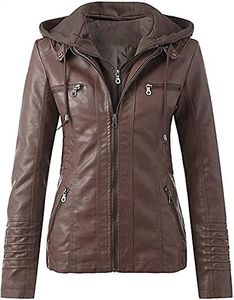 QLXYYFC Women's leather jacket with hood, zipper, motorcycle jacket, biker jacket, hooded jacket, autumn winter, elegant transitional jacket, coat (Color : Brown, Size : XL)