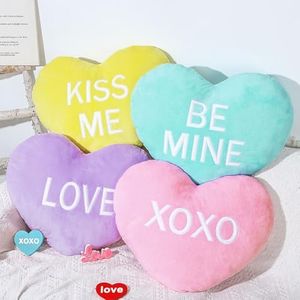 JarThenaAMCS 4Pcs Heart Pillow,Love Pillow Gift,Conversation Hearts Fluffy XOXO Pink Blue Yellow Purple Cushion Colorful Fur Soft Throw Pillows for Home Office Couch Car Love Coquette Room Decor
