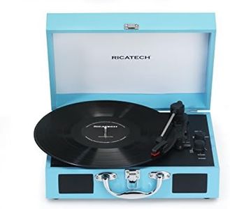 Ricatech RTT21 Tocadiscos, reproductor de discos portátil liviano con altavoces, tres velocidades, soporta salida RCA, Bluetooth, conector para auriculares, MP3, estilo maleta, color Turquesa
