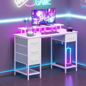 Advwin White Computer Desk with 4 Drawers, Gaming Desk with LED Lights & Power Outlets, Study Desk with Monitor Stand and Shelf, Home Office Desk for Bedroom Workstation