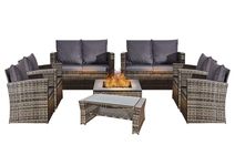 BUYEREMPIRE 8 Seater Rattan Garden Furniture Set Mix Grey Lounger Patio Wicker Conservatory 4 Armchairs 2 Double Seater Sofa 1 Fire Pit 1 Glass Dining Table & Cushions for Indoor | Outdoor Sittings