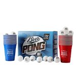 Komonee Beer Pong Set 48 PCS American Adult Indoor Novelty Party Drinking Game 24 Printed Red and Blue Re-usable Cups and 24 High Bounce ABS White Balls