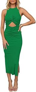 HUUSA Women's Summer Casual Sleeveless Racerback Pencil Dresses Elegant Cutout Empire Waist Tummy Control Slit Slim Fitted Midi Dress with Belt Verdant Green M