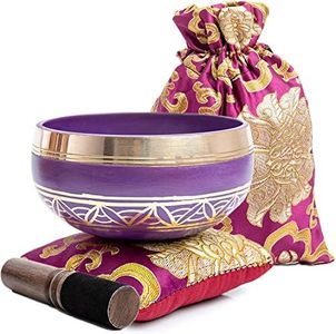 Tibetan Singing Bowl Set - Authentic Handcrafted Mindfulness Meditation Holistic Sound 7 Chakra Healing Gift by Himalayan Bazaar (Purple-Magenta)