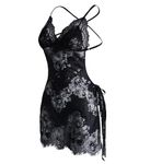 Moonlove Ladies Sexy Pajamas Lace Lingerie Set Bodysuit See-Through Low-Cut Sleepwear with Thong Plus Size Nightwear Black