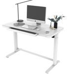 PrimeCables 48 x 24 inch Height Adjustable Electric Standing Desk with Drawer, Sit Stand Desk with Glass Tabletop, USB Charge Ports, Memory Controller, Anti-Collision Function - White