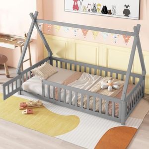 Mirightone Twin Floor Bed for Kids Tent-Shaped Montessori Floor Bed with Slats and Guardrails Twin Size Wood Teepee Bed Frame with Fence and Door for Boys Girls, Grey