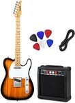 LyxPro 39” Electric Guitar TL Series Kit, 20 Watt Amp Speaker, Solid Full-Size Body, C-Shape Neck, Quality Tuning Heads, 3-Way Switch & Volume/Tone Controls, 12 Picks And Cable Included - Sunburst