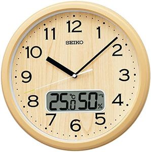 Seiko Clock KX273B Wall Clock, Radio, Analog, Temperature, Humidity, Light Brown, Diameter 12.2 x 2.0 inches (311 x 51 mm)