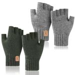 XINRUI 2 Pairs Fingerless Gloves Winter Fingerless Knitted Gloves Unisex Warm Knit Half Fingers Mittens for Driving Typing Cycling（Dark Green, Grey）