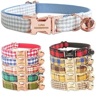 PETDURO Handmade Personalized Plaid Cat Collars with Bell & Name Engraved Metal Buckle Customized for Cute Girl and Boy Cats - Matching Bow Tie Available (S, Light Blue Plaid Rose Gold Buckle)