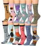 Tipi Toe Women's 12 Pairs Abstract Face Expressions Cool Warm Hues Cyan Blue Dark Green Lightweight Crew Socks, CR188-T1