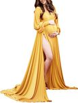 Maternity Gown Bishop Sleeves Baby Shower Dress Wrap Side Slit Sweetheart Maxi Photo Shoot for Photography, 71 Yellow, Medium