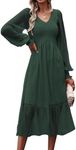 PRETTYGARDEN Long Sleeve Smocked Spring Dresses for Women 2025 Ruffle Midi Dress Swiss Dot V Neck Wedding Guest Long Dresses (Dark Green,Small)