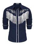 TURETRENDY Men's Western Cowboy Fringe Shirts Long Sleeve Embroidered Slim Fit Casual Button Down Shirts, Navy, 3XL