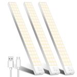 OUILA 32cm Motion Sensor Night Light, 3000K 60LED Motion Sensor Under Cabinet Kitchen Lights USB Type-C Rechargeable 1500mAh Wardrobe Lights wihth Magnet for Wardrobe Cupboard Stairs Kitchen (3 Pack)