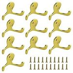 WMYCONGCONG 10Pcs Heavy Duty Double Prong Coat Hooks Wall Mounted with 20 Screws Robe Hooks Coat Hanger Rustic Utility Hooks Hardware Vintage for Cloth, Scarf, Bag, Towel, Key, Hat, Cap (Gold)