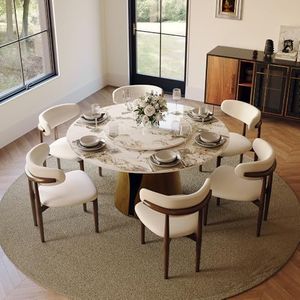 POVISON 59" Round Dining Table for 6, Modern Glossy Sintered Stone Dining Room Table Built in Lazy Susan for Kitchen,Glossy Dining Tabletop with Bronze Carbon Steel Pedestal(Table Only)