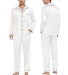 SWOMOG Men Silk Satin Pajamas Sets Two Piece Long Sleeve Sleepwear Pj Button Down Nightwear White