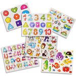 Playcrate 6 Pack Wooden Learning Puzzles for Kids - Educational Animals Numbers, Shapes and Letter Pegboard Puzzles - Fantastic Educational Aid for Children, Toddlers and Babies