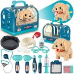 STAY GENT Walking Dog for Kids with Leash, 17Pcs Puppy Veterinarian Kit with Cage/Electronic Plush Dog/Stethoscope, Interactive Vet Play Gifts for Boys Girls Aged 3 4 5 6 7 8