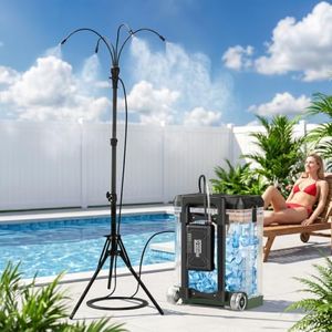 Veubew Misters for Outside Patio with 15L Bucket, Standing Portable Misting Cooling System with Adjustable Height(up to 47in), with 10000mAh Water Pump, 8 Nozzles, for Outdoor Patio Cooling Pool BBQ