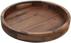 MAGIGO 12 Inches Small Round Black Walnut Wood Ottoman Tray with Handles, Serve Tea, Coffee Classic Wooden Decorative Serving Tray