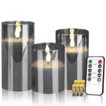 CREASHINE Led Flameless Candles Lights Realistic Flickering Candles 3D Flame Candles with Remote Decorative Unscented Pillar Candle Set of 3 Battery Operated(Included) (Grey)