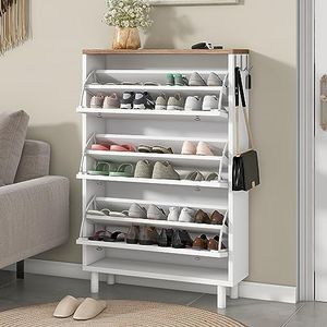 GarveeHome Modern Shoe Cabinet with 3 Flip Drawers - Adjustable Shelves, 3 Hooks, Stable Design, Multiple Storage Capacity, Minimalist Style, White