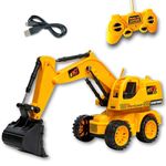 MAZEDAR PLAY Remote Control JCB Construction Vehicle – Excavator Toy with Moving Shovel Arm, Flashing Lights, Realistic Sound, 4-Way Remote, USB Rechargeable Toy for Kids (Model 8037, Yellow)