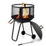 Giantex 28" Portable Fire Pit on Wheels, Outdoor Mobile Wood Burning Firepit w/Log Grate, Fire Poker, Heavy-Duty Steel Frame & Solid Metal Top, 2-Door Gate, Rolling Fire Pits for Entertaining Camping