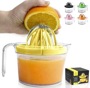 Zulay Kitchen 3-in-1 Manual Citrus Juicer Reamer Cup - 17OZ Multifunction Lemon Squeezer, Orange Juicer Squeezer & Citrus Extractor - Includes 2 Reamers, Strainer & Measuring Cup with Handle (Yellow)