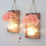 Besuerte Farmhouse Wall Decor Living Room, Hanging Wall Decor Mason Jar Sconces Set of 2 with Remote Fairy Light and Pink Hydrangea Flowers, Country Inspirational Rustic Wall Decor, Rustic Brown