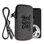 kwmobile Felt Phone Bag with Design L - 6.5" - 16.5 x 8.9 cm Strap Holder - Good Vibes Phrase Black/Grey