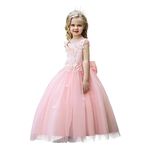 LOLANTA Pink Princess Dress Summer First Communion Dress Lace Beaded with Bowknot (Pink, 5-6 Years)