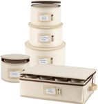 Hard Shell China Storage Containers 5-Piece Set Moving Boxes for Dinnerware, Glasses, Plates, Mugs and Saucers Sturdy Dish Organizer with Dividers for Seasonal Storage - Service for 12 - Beige Quilted