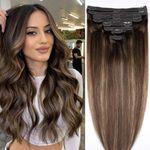 Pobokix Straight Clip In Hair Extensions Real Human Hair 8Pcs Clip In Balayage Chocolate Brown to Caramel Blonde Human Hair Extensions with 18Clips Lace Weft 120g 18inch