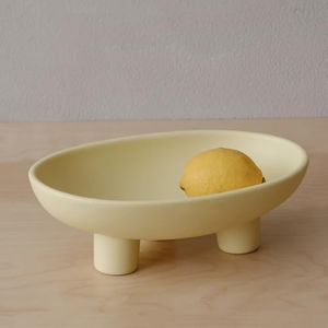 WENSHUO Three-Legs Ceramic Fruit Bowl for Kitchen Counter, Decorative Bowl for Table Décor, 10-inch Oval Large Bowls for Breads (Matte Yellow)