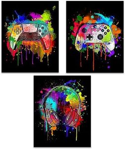 HerZii Prints Watercolor Gaming Posters Set of 3 (8x10), Boys Room Wall Decorations for Bedroom, Gaming Room Accessories, Gamer, Boy, Teen Room Wall Art Decor, Gaming Room Decor - UNFRAMED (Black)