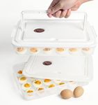 77L Deviled Egg Containers with Lid, (Set of 2), Plastic Deviled Egg Carrier with Handle for 48 Eggs, Clear Storage Devil Egg Platter, Fridge Portable Egg Tray, Perfect for Picnic and Party (White)