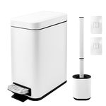 5 L/1.3 Gal Rectangular Trash Can, Bathroom Step Pedal Garbage Can with Lid and Toilet Brush, Stainless Steel Trash Bin with Removable Inner Wastebasket for Kitchen Home Office (White)