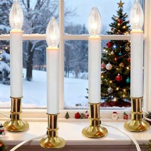 4 Pack Christmas Electric Window Candle Lights with Gold Base, Dusk to Dawn Candle Lamps with 7W E12 Base Incandescent Bulbs Plug in Candle Lights for Window Lights Decor Party Xmas Table Top